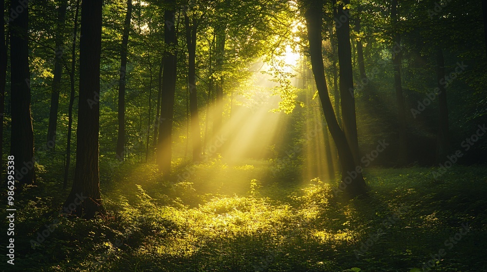 Fototapeta premium Sunlight Streaming Through a Dense Forest