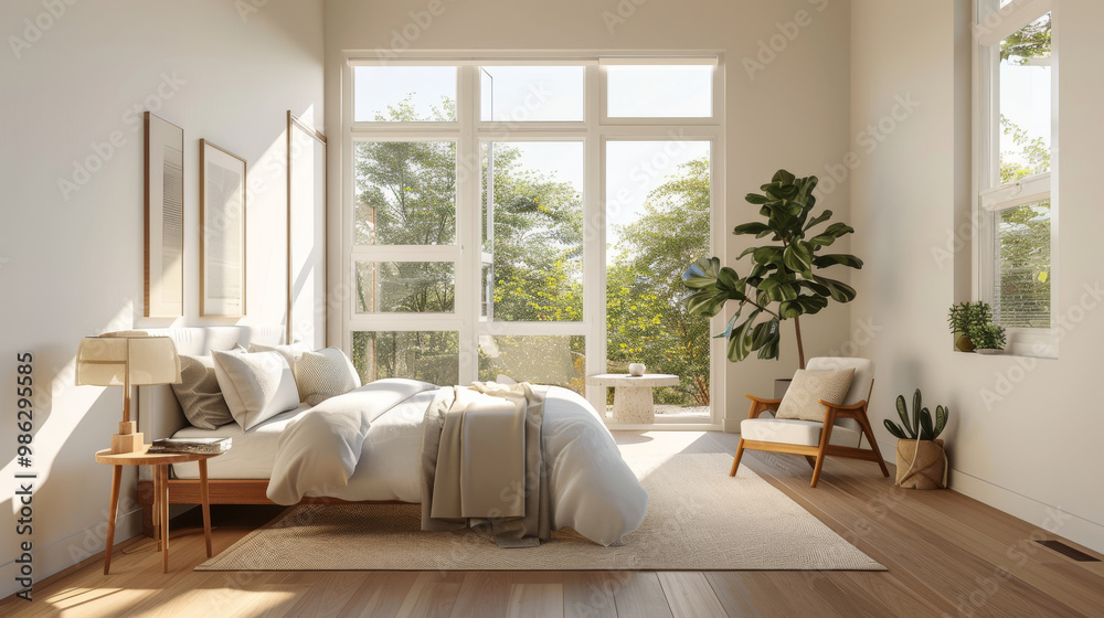 Bright and airy bedroom with light colored bedding, large windows, and greenery. serene atmosphere invites relaxation and comfort, perfect for peaceful retreat Bright and airy bedroom with light colored bedding, large windows, and greenery. serene atmosphere invites relaxation and comfort, perfect for peaceful retreat
