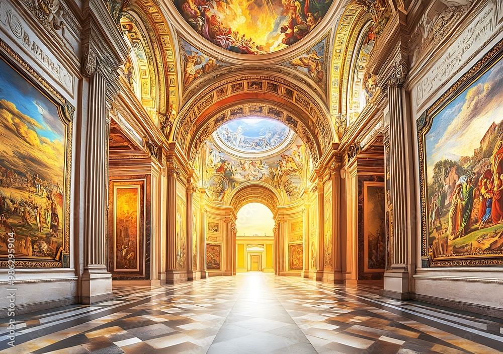 Obraz premium Golden Hallway with Paintings and Ornate Ceiling