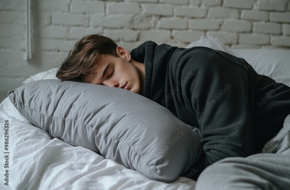 A man is sleeping on his side with a stuffed animal and a pillow. He is wearing gray pajamas with a hood, against a white background. Advertising stock photo. Close-up of both hands holding a pillow A man is sleeping on his side with a stuffed animal and a pillow. He is wearing gray pajamas with a hood, against a white background. Advertising stock photo. Close-up of both hands holding a pillow