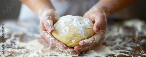 Close-up of hands kneading dough with flour flying, preparing fresh homemade bread in the kitchen photo