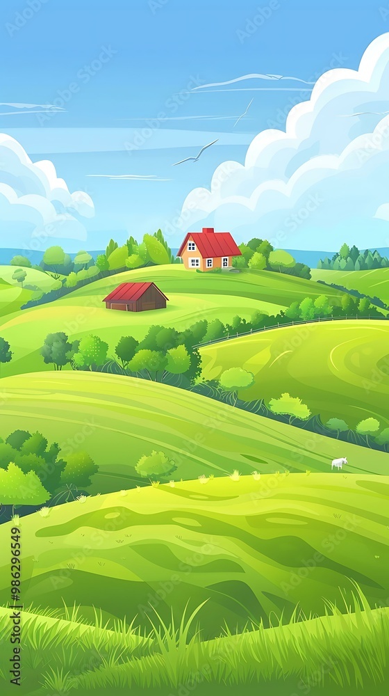 Obraz premium Green Hills and Houses with Blue Sky Illustration