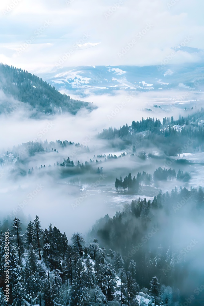 Winter Foggy Mountains Landscape Aerial View