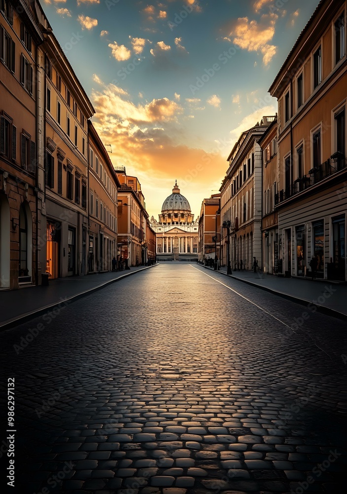 Fototapeta premium Cobblestone Street Leading to Basilica in Rome, Italy