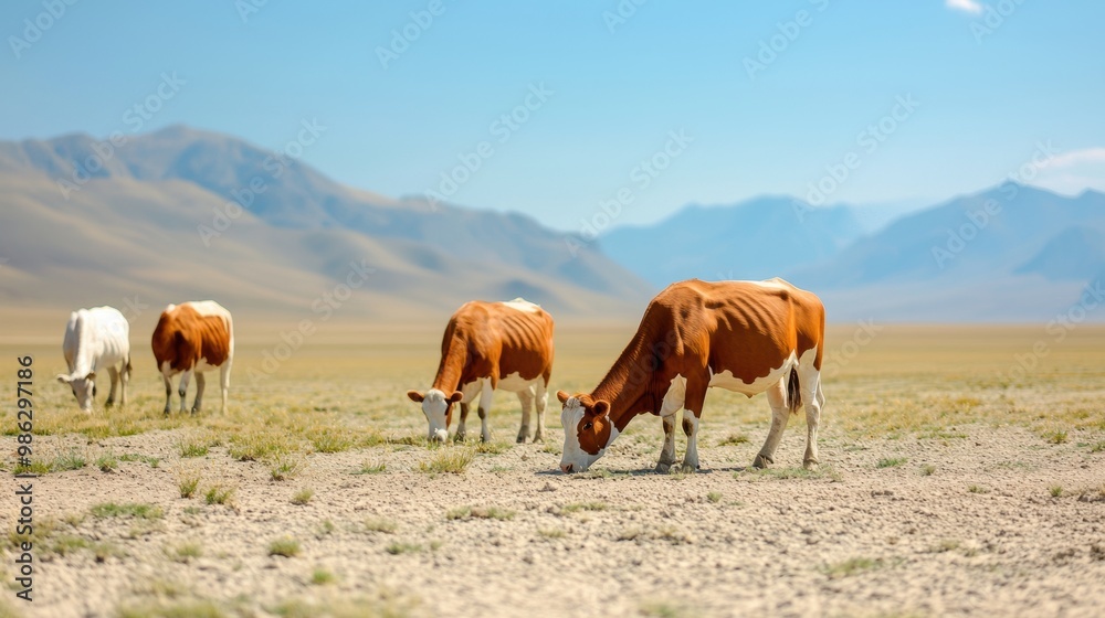 Pastoral Grazing Scene with Cattle and Horses in Arid Mountainous Landscape Pastoral Grazing Scene with Cattle and Horses in Arid Mountainous Landscape