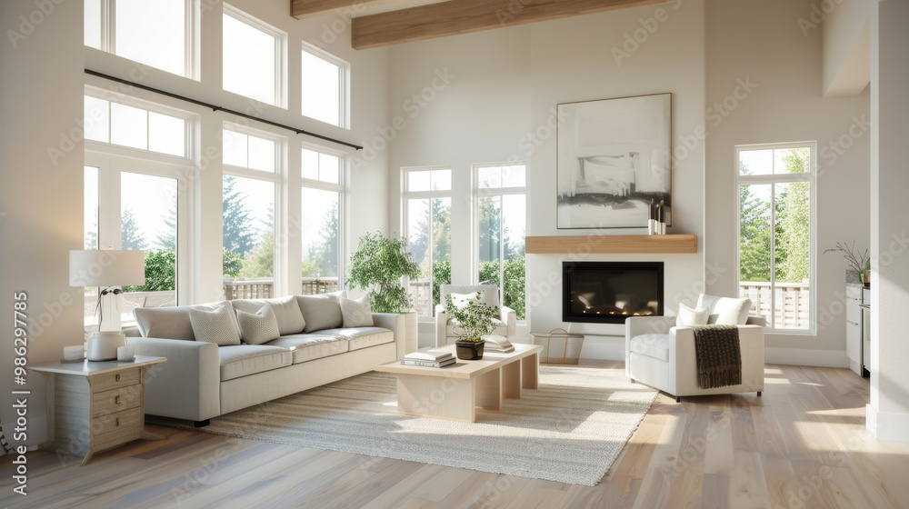 A comfortable and inviting living room with modern design featuring large windows, cozy sofa, and stylish coffee table. natural light enhances warm atmosphere, perfect for relaxation A comfortable and inviting living room with modern design featuring large windows, cozy sofa, and stylish coffee table. natural light enhances warm atmosphere, perfect for relaxation