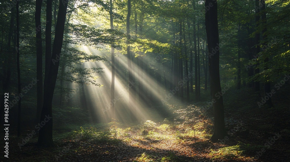 Fototapeta premium Sunbeams Illuminating a Forest Path