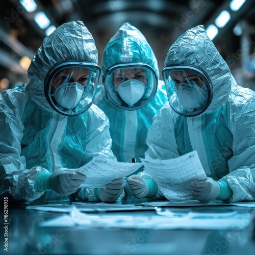 Medical Professionals Analyzing Reports in Protective Gear