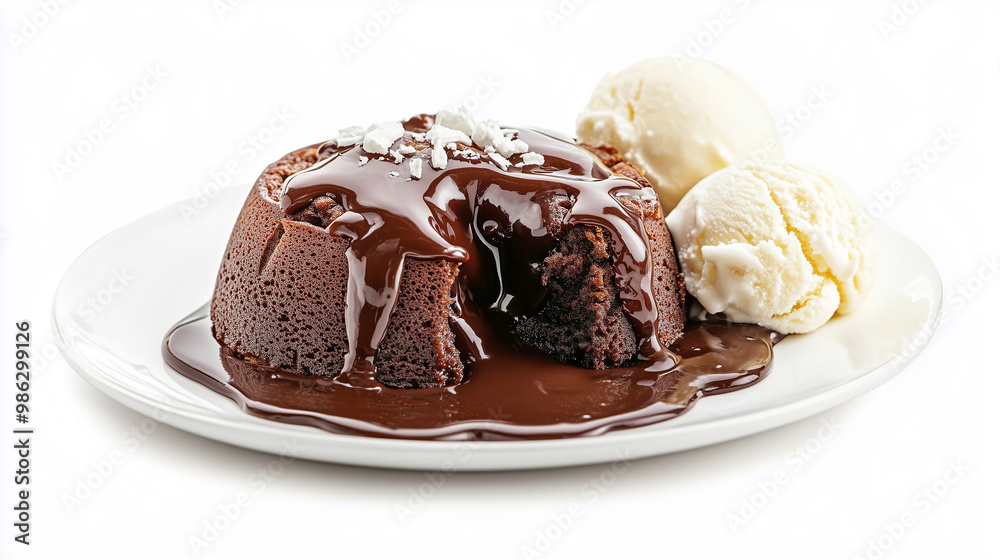 A decadent chocolate lava cake with molten chocolate flowing out, served with two scoops of vanilla ice cream on a white plate. A decadent chocolate lava cake with molten chocolate flowing out, served with two scoops of vanilla ice cream on a white plate.