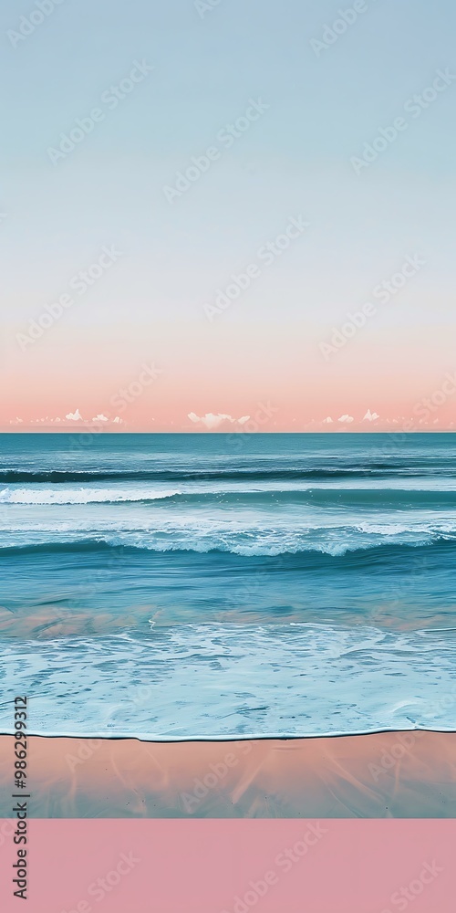 Fototapeta premium Seashore View with Pink Sky and Gentle Waves