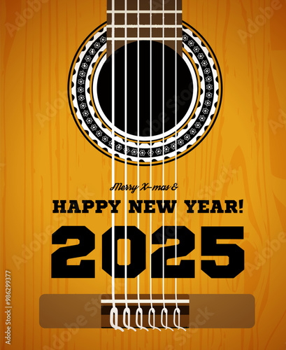 Congratulations on the new year 2025. Classical acoustic guitar close-up. Vector illustration