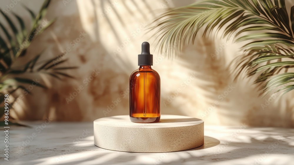 Obraz premium 3D Rendering of an Amber Glass Serum Bottle on a Beige Podium in Sunlight with Palm Leaf Shadows, Perfect for Beauty and Spa Concept