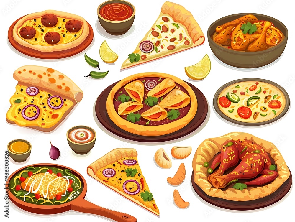 Set of different pizzas isolated on white background. Set of different pizzas isolated on white background.