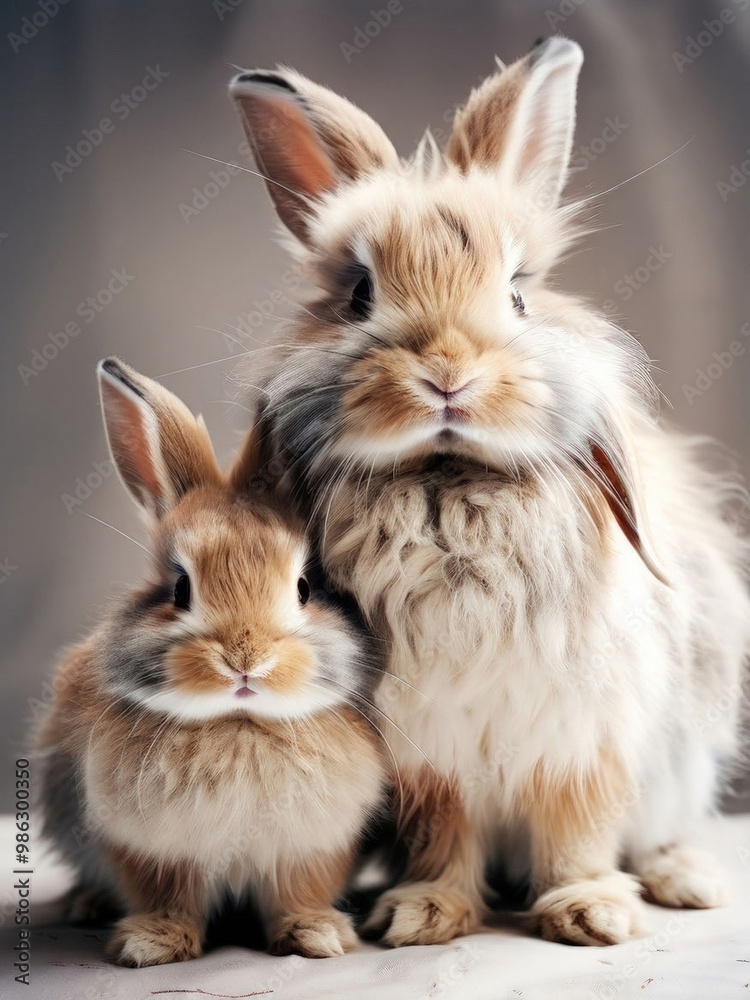 Fototapeta premium Extremely fluffy and cute rabbits with long floppy ears. Generated by AI.