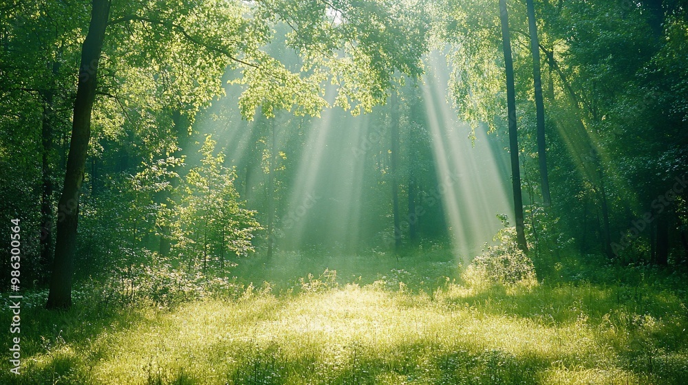 Fototapeta premium Sunbeams Filtering Through Trees in a Lush Green Forest