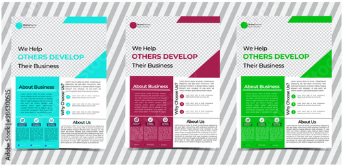 a bundle of 3 templates of different colors, A4 flyer template, modern business flyer template, vector business flyer with creative design, editable template design.