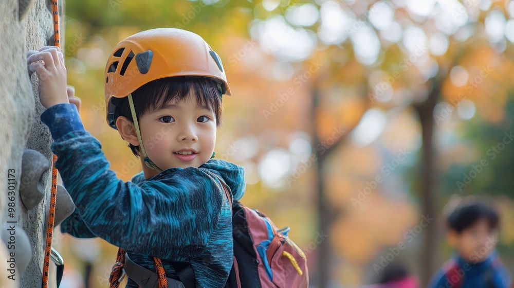 An Asian boy wearing a climbing helmet and safety equipment is on a rock wall in an outdoor playground, with other people blurred in the background. The image has a banner on the left side with space