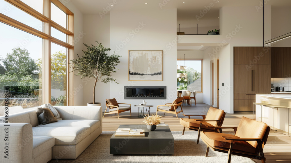 A spacious open plan living room featuring modern fireplace, large windows, and stylish furniture creates warm and inviting atmosphere. natural light enhances elegant design
