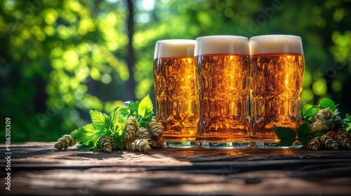 Refreshing craft beer served in elegant glasses with herbs on a rustic wooden...