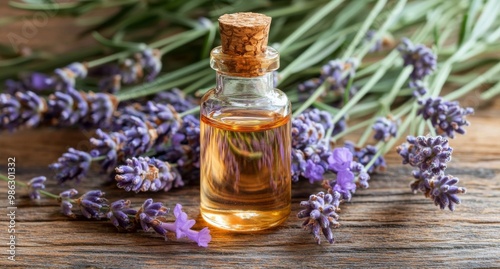Lavender essential oil bottle surrounded by fresh lavender flowers on a woode...