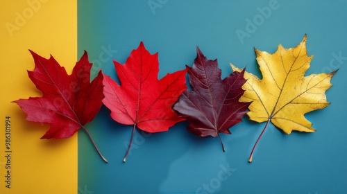 Vibrant yellow autumn leaves scattered across a textured blue background in n...