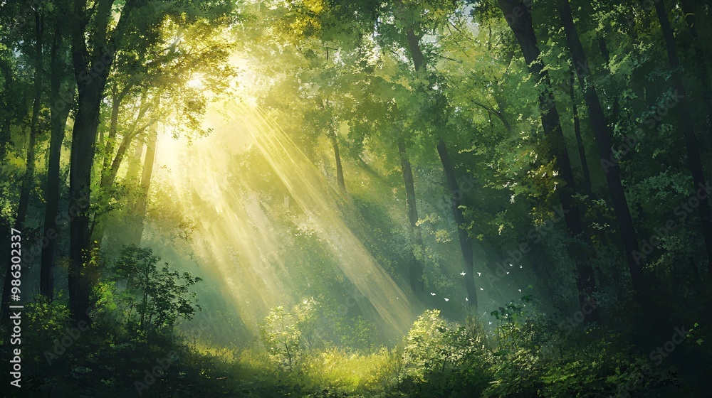 Obraz premium Sunlight Filtering Through a Dense Forest Canopy