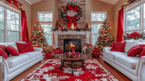 Cozy living room decorated for Christmas with a fireplace and beautifully wra...