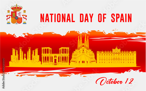 October 12, national day spain, vector template with spanish flag color theme background. Hispanidad holiday october 12th. Happy Spain National day greeting card. With typography red yellow color them
