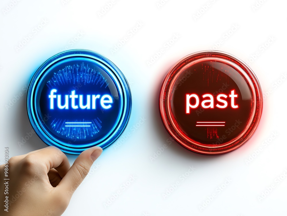 time travel buttons to future or past, a human decides to press Future, what will it be? futuristic design with white background. fiction theme cover illustration or poster element time travel buttons to future or past, a human decides to press Future, what will it be? futuristic design with white background. fiction theme cover illustration or poster element