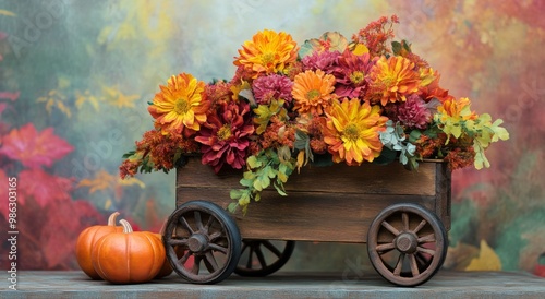 Autumn flower arrangement in a wooden cart with a pumpkin beside it on a colo...