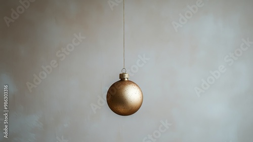 A single golden ornament hanging against a neutral backdrop near the holiday ...