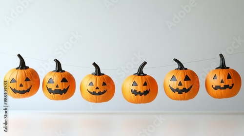 Colorful Halloween decorations featuring cheerful jack-o'-lanterns hanging in...