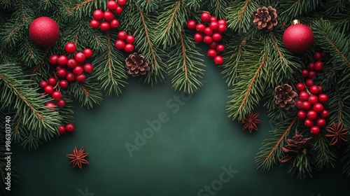 Festive holiday arrangement with red ornaments, pinecones, and greenery on a textured background