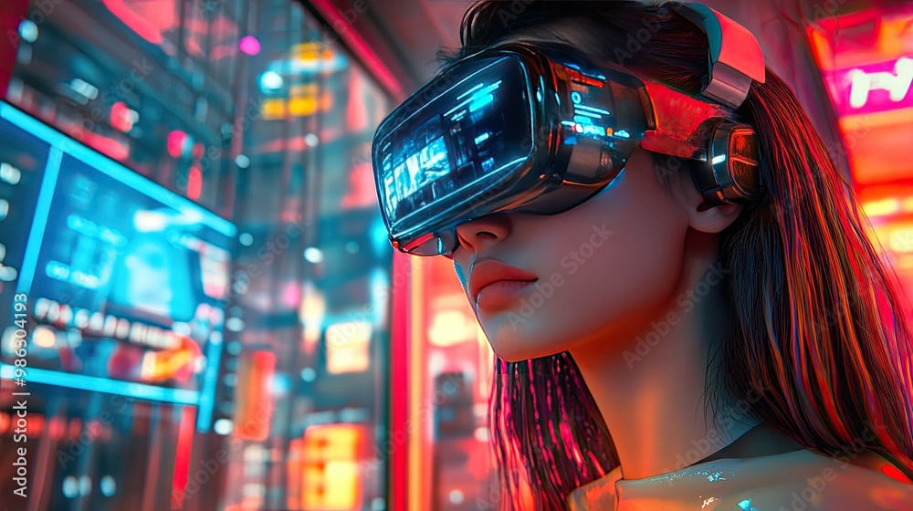 A beautiful girl using AR technology in a futuristic room, shopping online with a cyberpunk city in the background. Vibrant colors, neon lights, and sci-fi aesthetics. A beautiful girl using AR technology in a futuristic room, shopping online with a cyberpunk city in the background. Vibrant colors, neon lights, and sci-fi aesthetics.