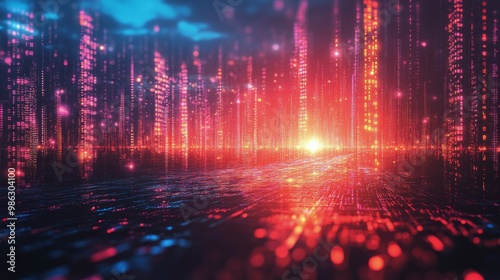 Futuristic city skyline illuminated by glowing lights at night with a digital...