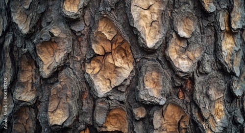 Close-up view of textured tree bark showcasing intricate patterns and rich br...