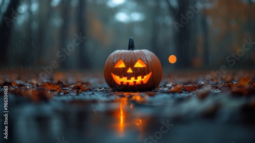 Glowing jack-o'-lantern in the woods on a rainy Halloween night
