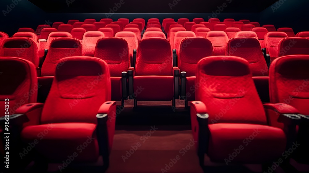 Obraz premium Red cinema or theater seats with armrests arranged in rows for watching movies. The movie screen is obscured from view, without people