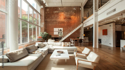 A modern loft featuring high ceilings and exposed brick walls, this spacious living area is filled with natural light and stylish furnishings, creating warm and inviting atmosphere