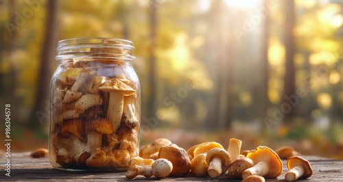 Freshly harvested chanterelle mushrooms in a glass jar on a wooden table in a...