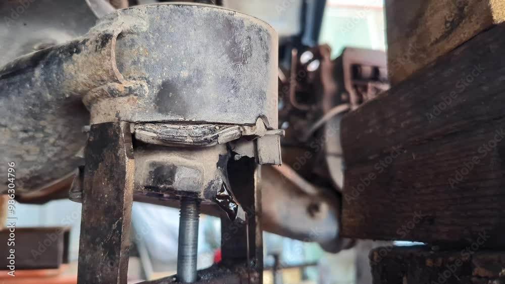 Homemade tool for pressing and extracting suspension bushings from a car's suspension system in a garage. Homemade tool for pressing and extracting suspension bushings from a car's suspension system in a garage.