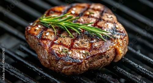 Juicy grilled steak with herbs cooking on a barbecue grill during a summer ev...