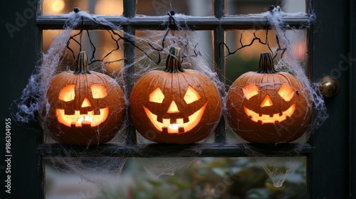 Decorative Halloween pumpkin glows on porch with cobwebs and eerie lighting a...