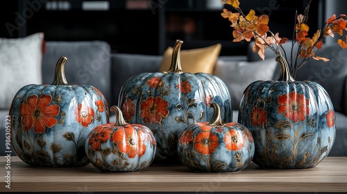Beautiful autumn decorations with pumpkins and colorful foliage in a cozy ind...