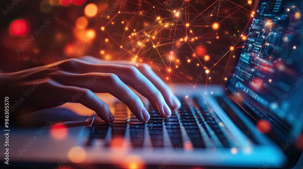 A hand resting on a laptop keyboard against a backdrop of abstract digital elements, such as glowing data points and network patterns, representing innovation in the digital age. A hand resting on a laptop keyboard against a backdrop of abstract digital elements, such as glowing data points and network patterns, representing innovation in the digital age.
