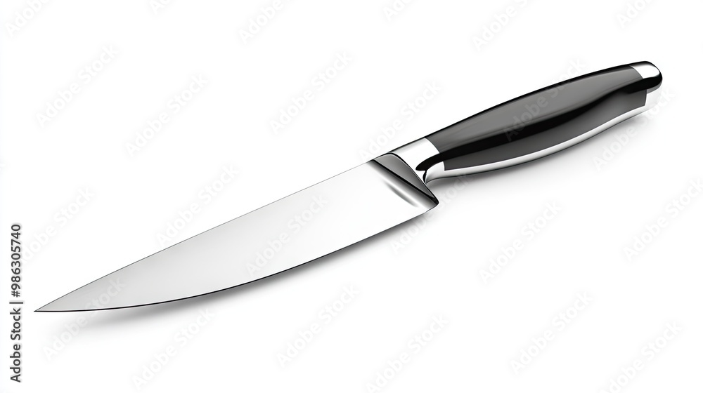 Obraz premium A big kitchen knife with a sleek, stainless steel blade and a black handle, isolated on a white background, perfect for a cooking or kitchen theme.