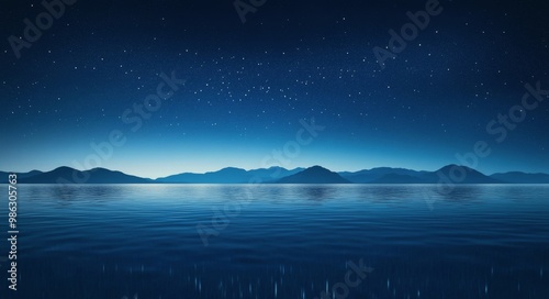 Serene night over the calm lake reflecting a starry sky and distant mountain ...