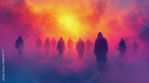 Three silhouetted figures stand against a colorful misty backdrop near a refl...