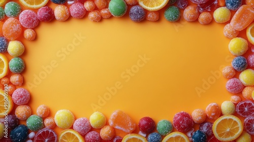 Brightly colored candies arranged on an orange background for a festive desse...
