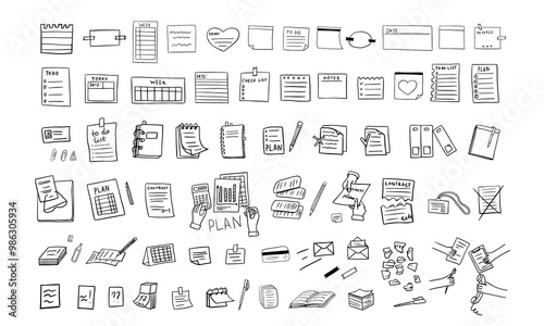 Big set of business elements with documents, infographics, pen, pencil, planning notebook, note paper, diary, paper, documents, contracts, calendar. Great for stickers, professional design. Hand drawn